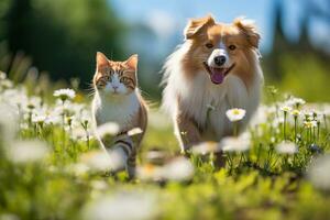 une duveteux chat et une content chien promenade par une ensoleillé printemps Prairie photo