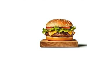Frais savoureux cheeseburger sur en bois planche isolé sur blanc Contexte avec copie espace. ai généré photo