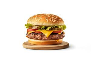 Frais savoureux cheeseburger sur en bois planche isolé sur blanc Contexte. ai généré photo