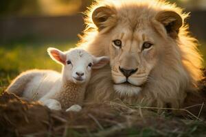 une Lion et une agneau pacifiquement coexister dans harmonie photo