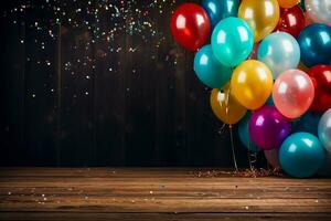 coloré des ballons et confettis contre une toile de fond de bois photo