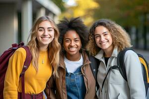 Jeune Université élèves de divers ethnies Heureusement pose ensemble en portant livres et sacs à dos isolé sur blanc Contexte photo