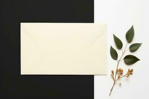 mariage invitation cartes papiers pose sur table décorer avec feuilles, ai généré photo