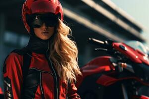 Jeune cool femme portant moto équipement et casque, ai généré photo