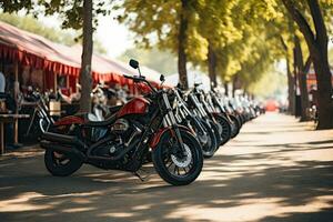 motocyclettes garé sur le motocyclettes parking lot sur rassemblement ou événement, ai généré photo