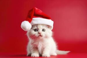 chaton portant Père Noël chapeau sur rouge Contexte avec copie espace. ai généré photo