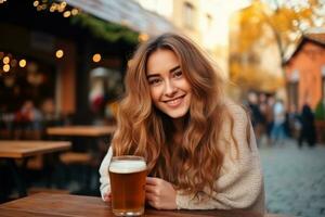 magnifique fille avec Bière verre photo