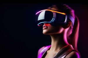 beaufil Jeune femme dans vr des lunettes dans foncé néon vagues La technologie Contexte photo