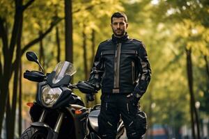 homme portant moto équipement et casque, ai généré photo