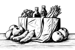 épicerie sac plein de des fruits et les boissons gravure esquisser vecteur dessiné à la main illustration. photo