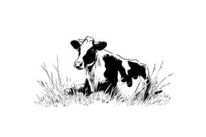 vache broute dans le champ. vecteur main tiré gravure style illustration. photo