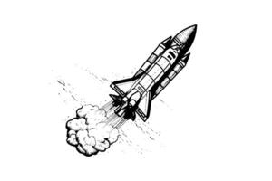 soufflant espace fusée esquisser gravure style vecteur illustration. photo