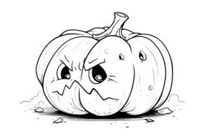 Halloween citrouille tête mascotte gravure encre esquisser main tiré vecteur illustration. photo