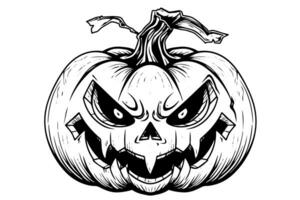 Halloween citrouille tête mascotte gravure encre esquisser main tiré vecteur illustration. photo