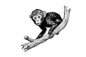 singe séance sur une branche. encre esquisser gravure vecteur illustration. photo