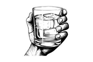 whisky verre dans main tiré encre esquisser gravure style vecteur illustration. photo