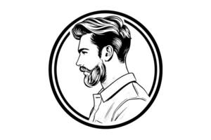 main tiré portrait de barbu homme dans profil. branché encre esquisser. logotype vecteur illustration. photo