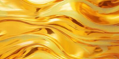 d'or fluide Contexte. liquide Jaune métal fond d'écran. charme tourbillon or texture. 3d ondulé couler abstraction. photo