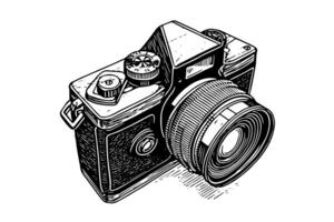 moderne photo caméra dans gravure style. vecteur rétro main tiré illustration.