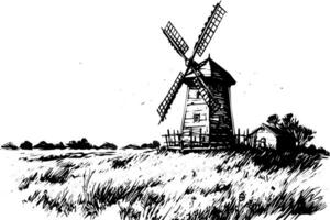 moulin à vent dans le champ main tiré ancien esquisser. gravure style vecteur illustration. photo