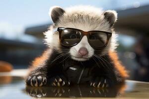 ensoleillé Panda hébéter bébé panda élégant des lunettes de soleil établi avec génératif ai photo