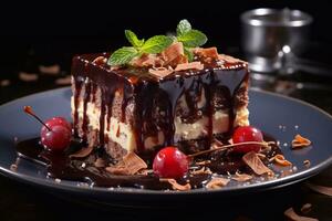savourer les saveurs génératif ai image de Chocolat gâteau tranche photo