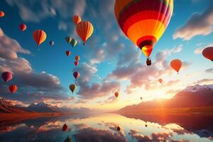 des ballons dans crépuscule gracieux ascension à le coucher du soleil guidé par génératif ai photo