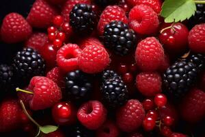 baie la fusion rouge et noir des fruits uni dans délice guidé par génératif ai photo