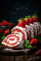 gâteau rouleau avec des fraises et crème fromage. sur foncé Contexte. ai généré photo