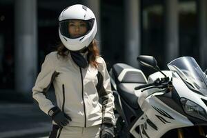 Jeune cool femme portant moto équipement et casque, ai généré photo