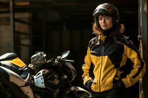 Jeune cool femme portant moto équipement et casque, ai généré photo