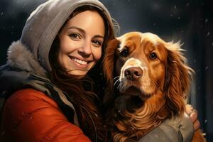 Jeune adulte femme en portant sa chien dans le rue , ai généré photo