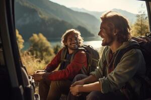 deux copains dans voiture conduite sur route, ayant route voyage, paume des arbres autour. ai génératif photo