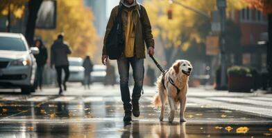 Jeune homme en marchant chien dans le ville dans l'automne jour, ai généré photo