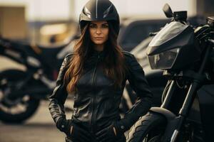 Jeune cool femme portant moto équipement et casque, ai généré photo