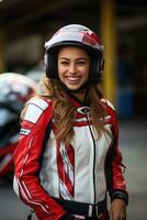 Jeune cool femme portant moto équipement et casque, ai généré photo