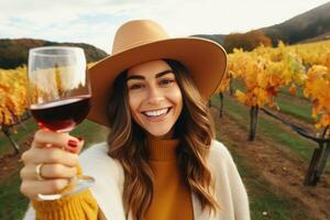 caucasien femme en buvant du vin dans vignoble , ai généré photo