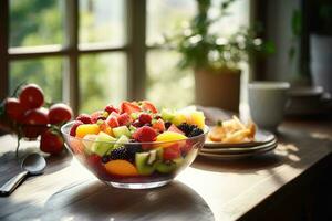 en bonne santé légume salade de Frais fruit, verdure, épinard, salade et sésame sur plaque. ai généré photo