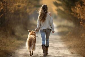 Jeune femme en marchant sa chien dans le parc dans l'automne jour, ai généré photo