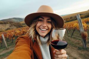caucasien femme en buvant du vin dans vignoble , ai généré photo