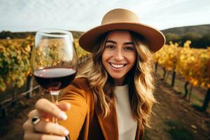 caucasien femme en buvant du vin dans vignoble , ai généré photo