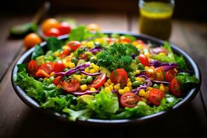 en bonne santé légume salade de Frais fruit, verdure, épinard, salade et sésame sur plaque. ai généré photo