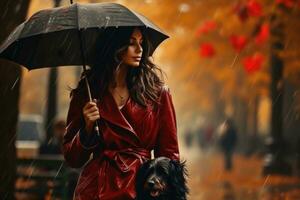 portrait de Jeune femme en marchant sa chien dans le parc dans l'automne jour, ai généré photo