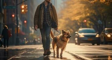 Jeune homme en marchant chien dans le ville dans l'automne jour, ai généré photo