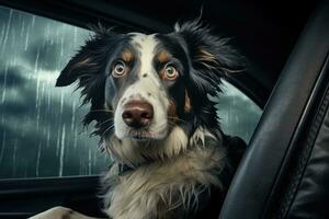 mignonne chien à la recherche en dehors de voiture fenêtre , ai généré photo