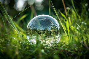 une cristal Balle avec une germer, mensonge dans le herbe. Naturel Contexte. ensoleillé brillant éclairage. photoréaliste illustration. écologique concept. Terre journée. ai généré illustration. photo