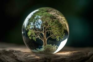 une cristal globe avec une arbre. Naturel Contexte. ensoleillé brillant éclairage. photoréaliste illustration. écologique concept. Terre journée. ai généré illustration. photo