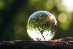 une cristal globe avec une arbre. Naturel Contexte. ensoleillé brillant éclairage. photoréaliste illustration. écologique concept. Terre journée. ai généré illustration. photo