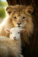 une Lion et une agneau pacifiquement coexister dans harmonie photo