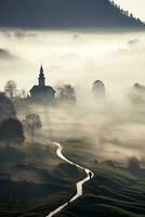 silhouette de église dans brumeux village paysage vu de au dessus photo